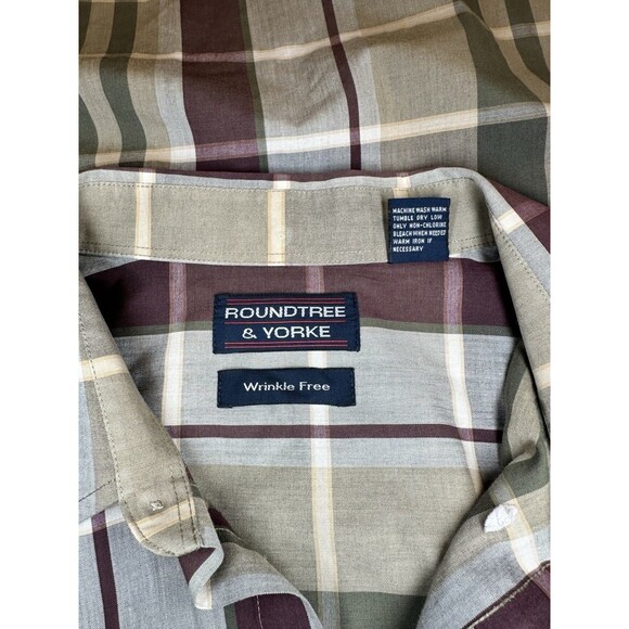 Roundtree & Yorke Shirt Men Size XL Dress Plaid Non Iron Collar Button Down Brow - Picture 8 of 9